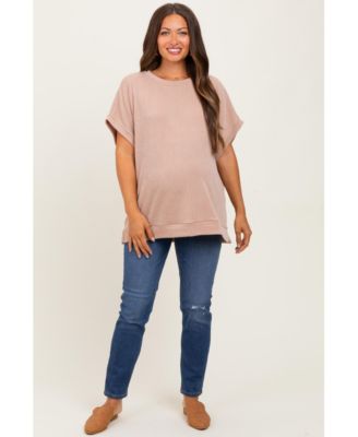 Maternity Olive Solid Ribbed Short Sleeve Oversized Tunic Top