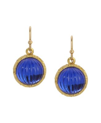 Round Blue Ribbed Stone Wire Earrings