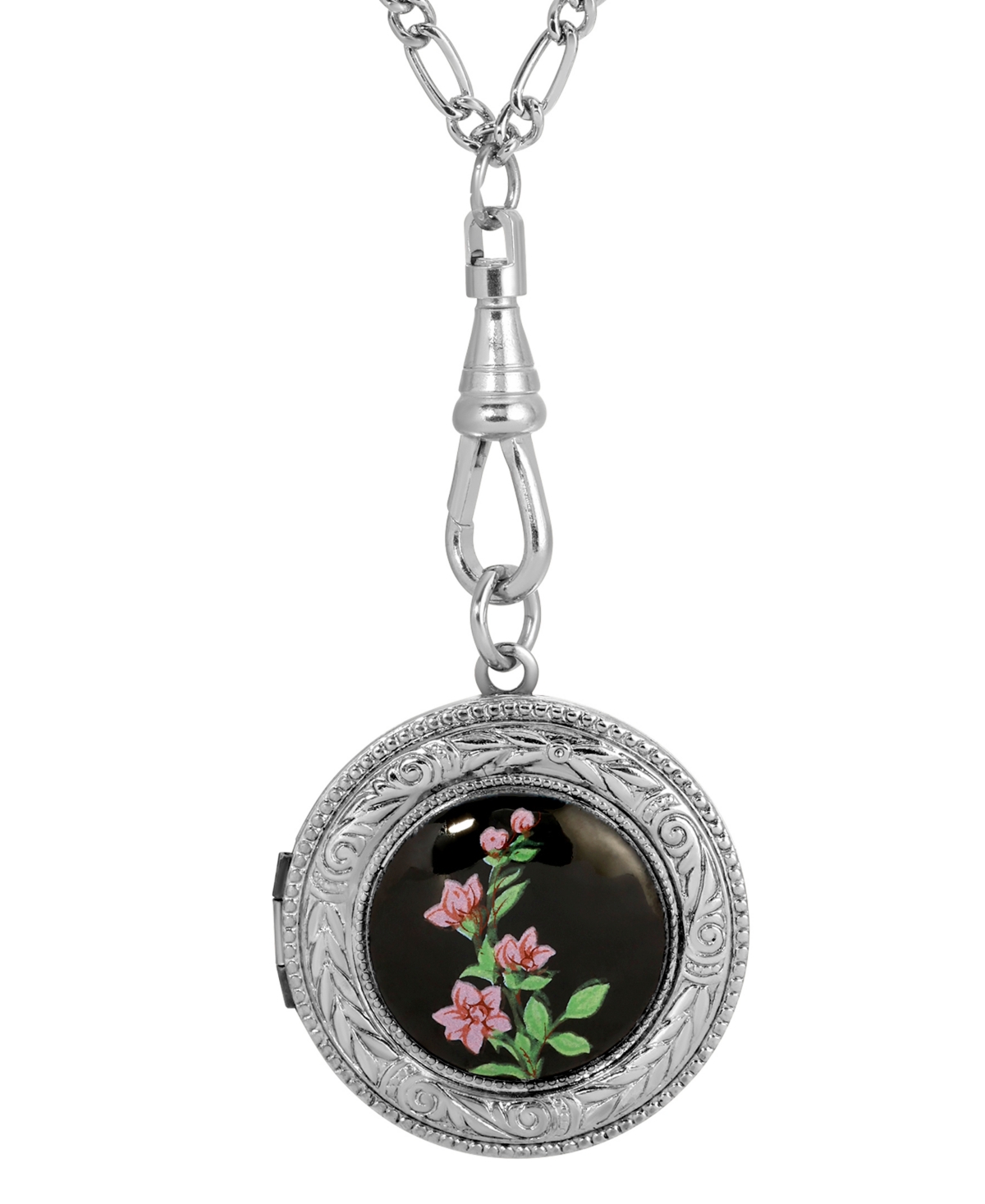 2028 Black Floral Decal Locket Necklace In Black