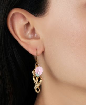 Gold Tone Pink Flower Drop Earrings