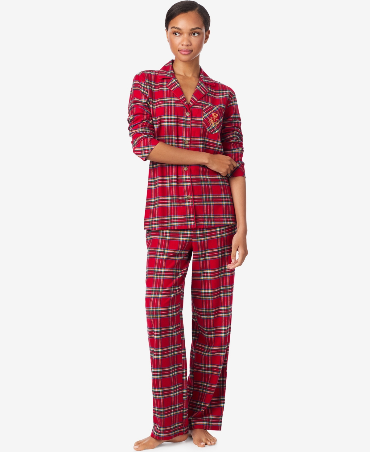Ralph Lauren Women's Petite Long Sleeves Notch Collar Pajama Set In Red