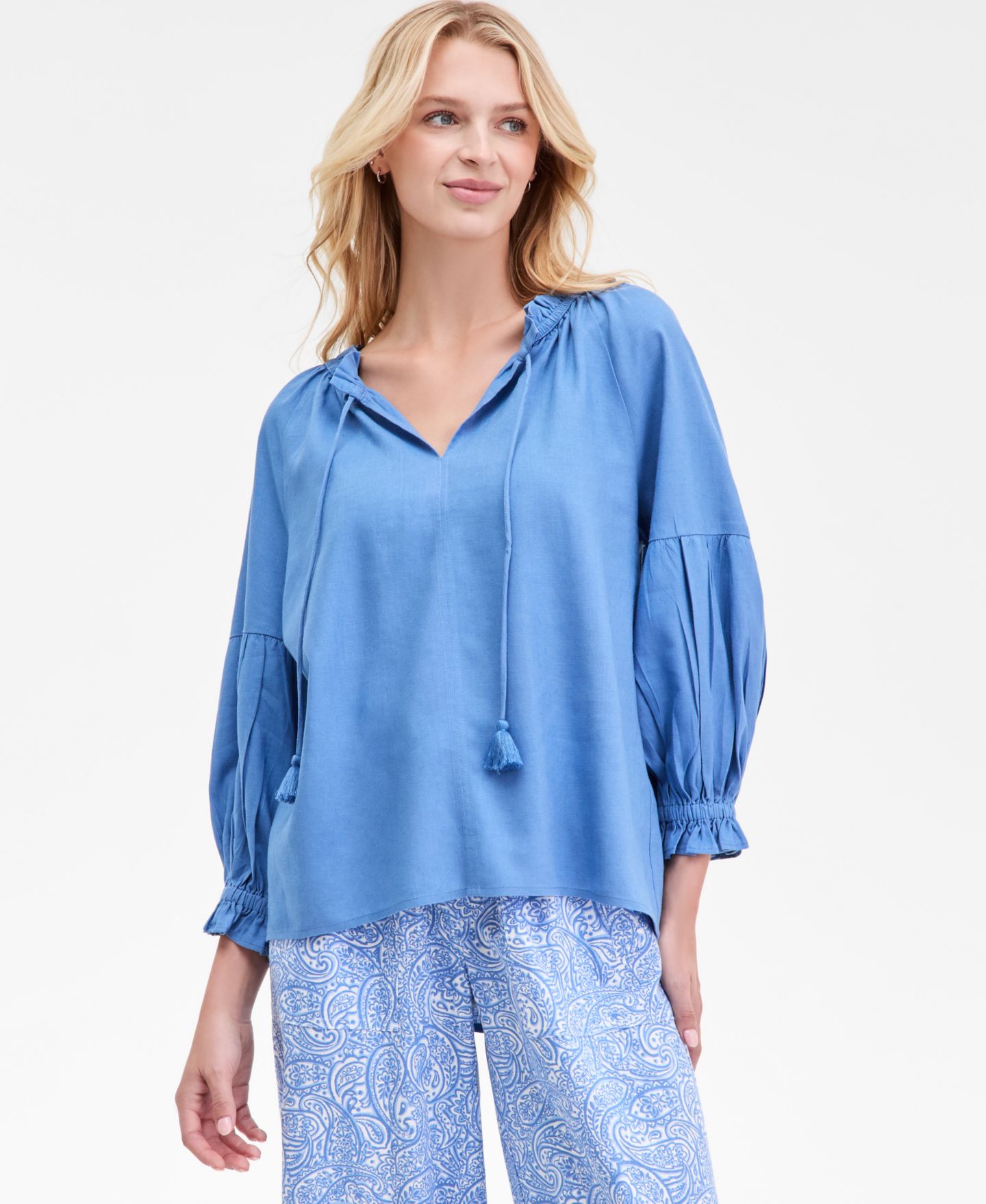 Женская блузка Nautica Jeans Nautica Split-Neck Ruffled-Trim, цвет: Синий мглистый — фото 1