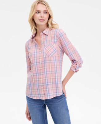 Women's Cotton Crinkle Plaid Roll-Tab Shirt