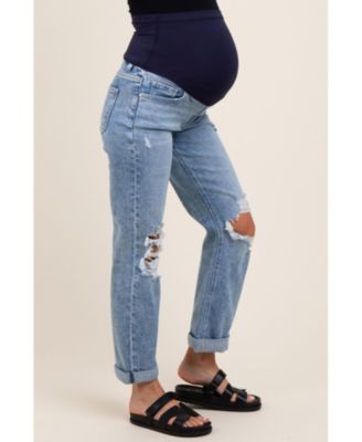 Maternity Light Blue Ripped Knee Rolled Cuff Straight Leg Jeans