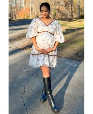 Maternity Cream Floral Deep V-Neck Back Cutout Dress