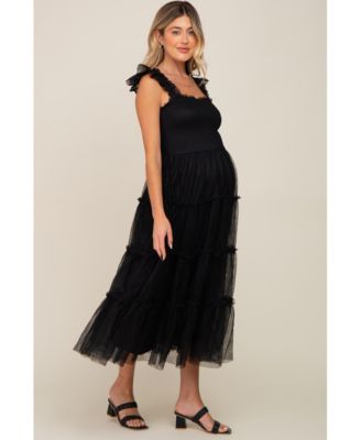 Maternity Smocked Mesh Ruffle Accent Midi Dress