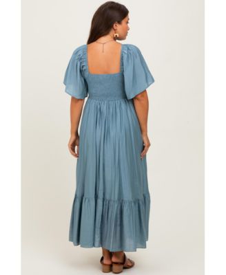 Maternity Blue Flutter Sleeve Ruffle Hem Midi Dress