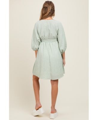 Maternity Sage Striped Balloon Sleeve V-Neck Dress