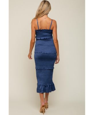 Olive Satin Smocked Fitted Maternity Maxi Dress