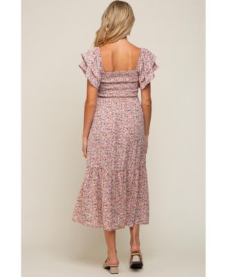 Maternity Light Pink Floral Flutter Midi Dress
