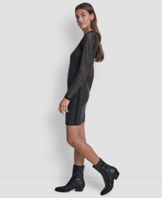 Women's Dome Studs Mesh Long Sleeve Dress