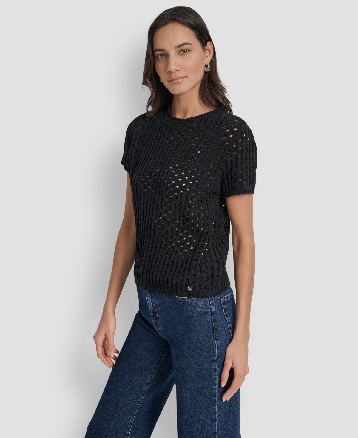 Dkny Jeans Women's Open Stitch Crewneck Short-sleeve Sweater In Black