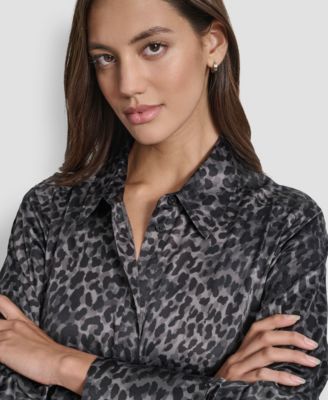 Women's Print Long Sleeve Satin Tie Dress