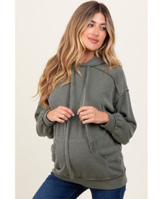 Maternity Charcoal Ribbed Front Pocket Drawstring Hoodie