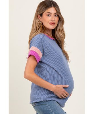 Maternity Pink Ribbed Colorblock Detail Short Sleeve Top