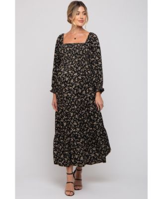 Maternity Cream Floral Smocked Long Sleeve Maxi Dress