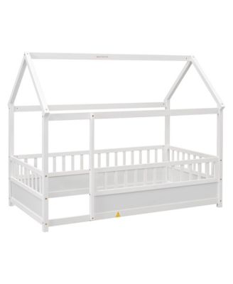 Kids Wooden House Floor Bed with Roof & Fence Guardrails Twin Size Low Profile Play Bed for Boys and Girls