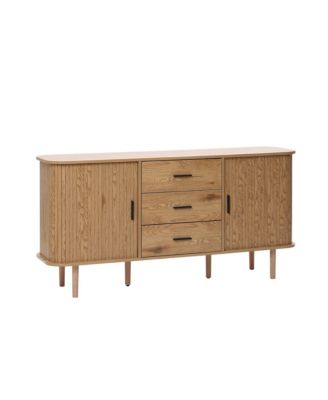 Oak Finish MDF Wood 3-Drawer Sideboard Cabinet with Sliding Doors & Rounded Corners