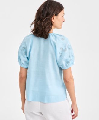 Women's 100% Linen V-Neck Appliqu&eacute;-Sleeve Top, Macy's Exclusive