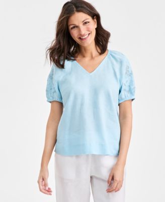 Women's 100% Linen V-Neck Appliqu&eacute;-Sleeve Top, Macy's Exclusive