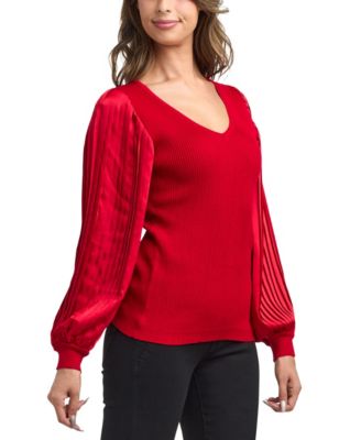 Juniors' V-Neck Pleated Sleeve Pull-On Sweater