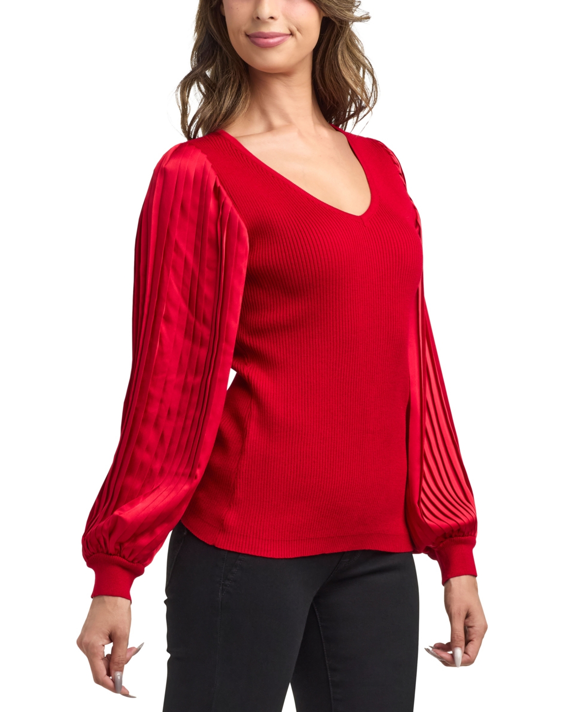 Bcx Women's V-neck Pleated Sleeve Pull-on Sweater In Red