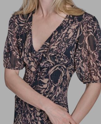 Women's Chiffon Puff Sleeve Open-Back Midi Dress