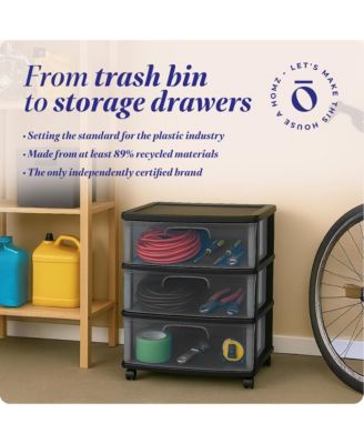 Tall Solid Plastic 3 Drawer Medium Storage Cart with Caster Wheels, Black