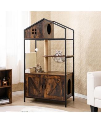 Cat Tree w/ Litter Box Enclosure w/ Hidden Washroom Scratching Posts & Pad