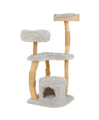 49'' Tall Wooden Cat Tree Solid Wood Cat Tower w/ Jute Scratching Posts