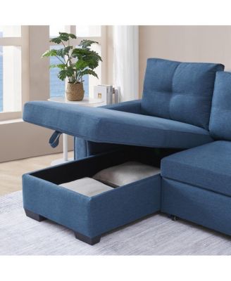 Tufted Sectional Chaise Sofa Sleeper with Storage in Blue