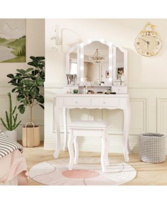 2Pc Lighted Mirror and Drawers Makeup Vanity Table Set