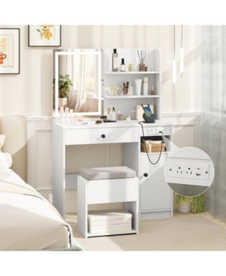2Pc Built-in outlets Ample Storage Vanity Desk with Mirror and Lights
