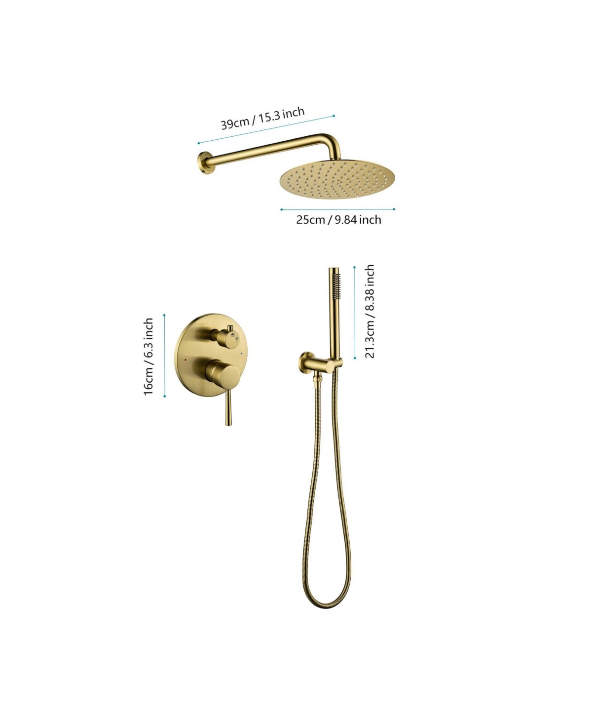 Rainsken Wall Mounted Shower Faucet Set for Bathroom with High Pressure 10" Stainless Steel Rain Shower head Handheld Shower Set, Brushed Gold
