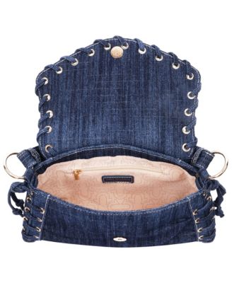 Studded Horseshoe Eyelet Denim Flap Bag