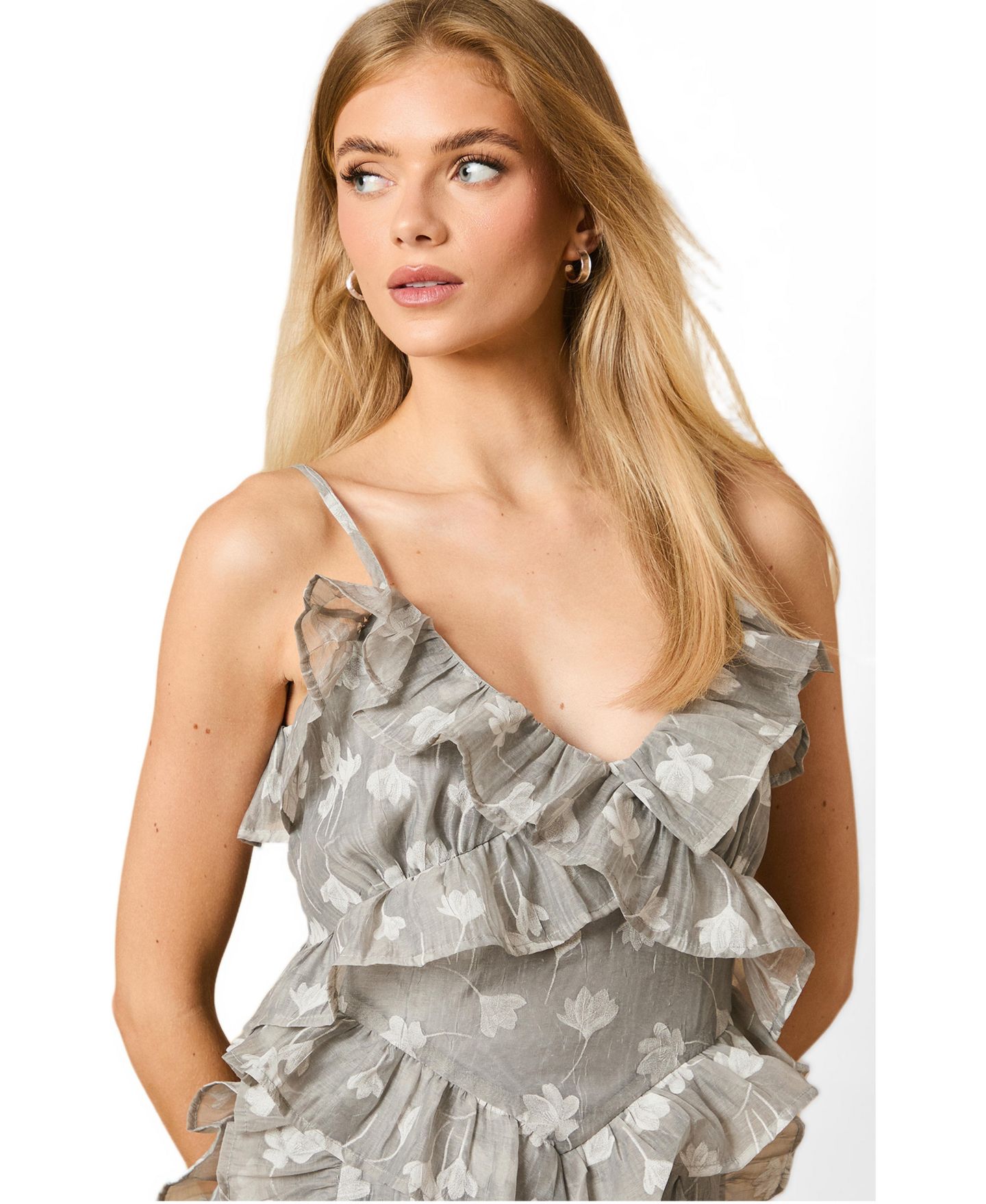 Женское платье Oasis Ruffle Front V-Neck Strappy Midi, цвет: Серый — фото 2