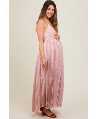 Maternity Light Pink Floral Pleated Back Cutout Maxi Dress