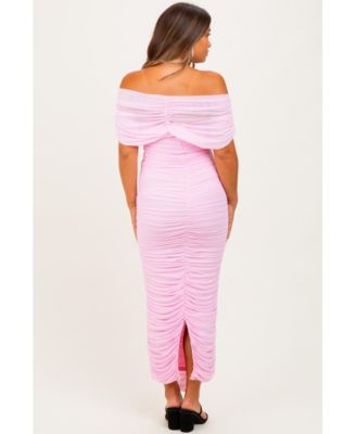 Maternity Light Pink Ruched Mesh Foldover Off Shoulder Maxi Dress