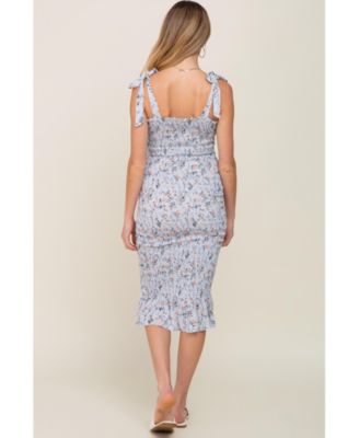 Light Blue Floral Smocked Fitted Maternity Dress