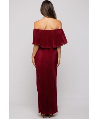 Maternity Forest Green Pleated Ruffle Off Shoulder Maxi Dress