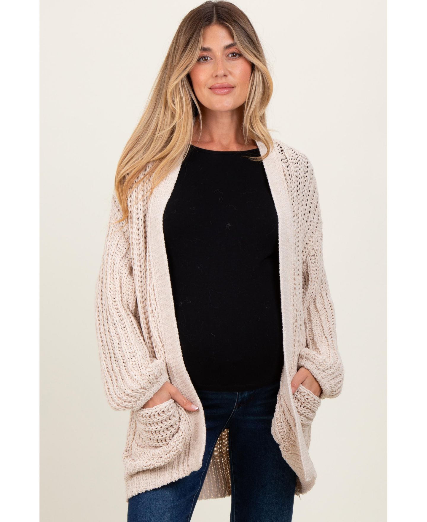 Женский кардиган Pinkblush Beige Chunky Knit Oversized Pocket, цвет: Бежевый — фото 1