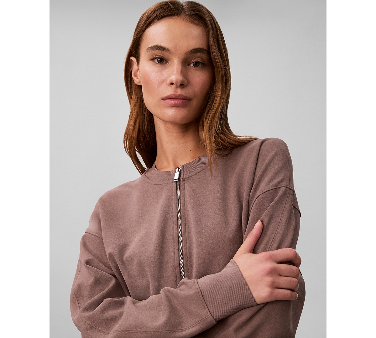 Calvin Klein Women's Crewneck Zip Front Cardigan Jacket In Brown