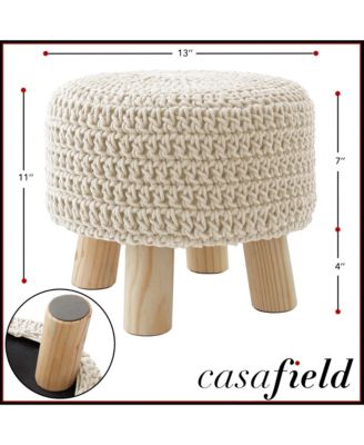 Hand-Knitted Cotton Pouf Ottoman Footstool, 13" Round x 11" High, Boho Accent Footrest with Non-Skid Legs, Foot Stool and Extra Seating