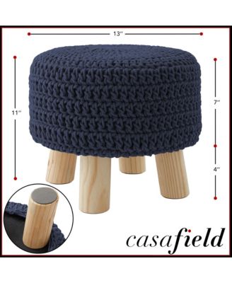 Hand-Knitted Cotton Pouf Ottoman Footstool, 13" Round x 11" High, Boho Accent Footrest with Non-Skid Legs, Foot Stool and Extra Seating