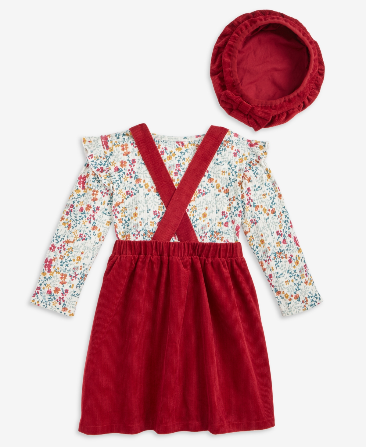 Blueberi Boulevard Girls 2t-6x 2-piece Button Floral Corduroy Top And Jumper Set In Red