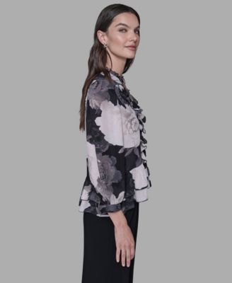 Women's V-Neck Floral Print Ruffle Detail Top