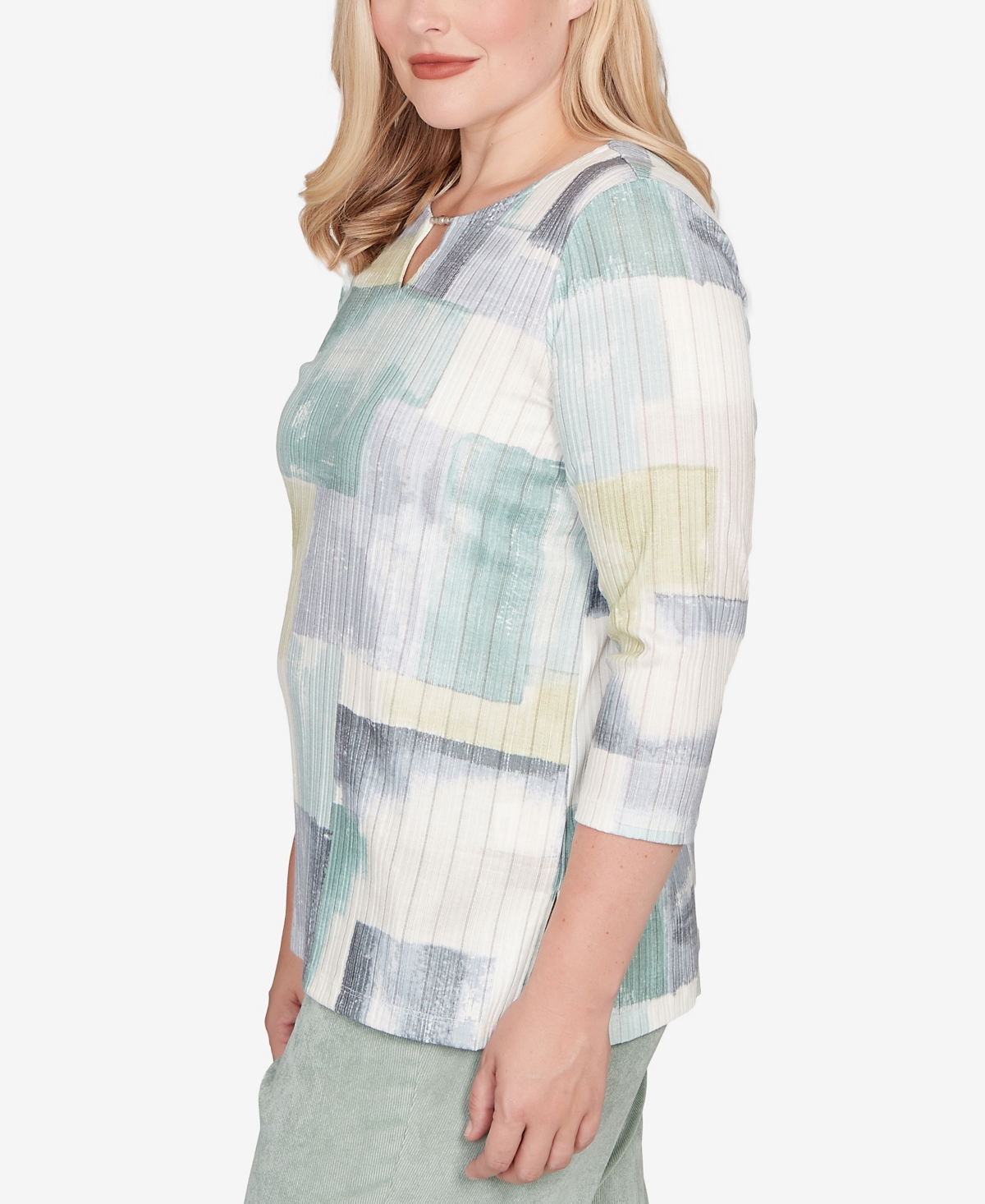 Alfred Dunner Stockbridge Soft Colorblock Rib Texture Knit Top In Green