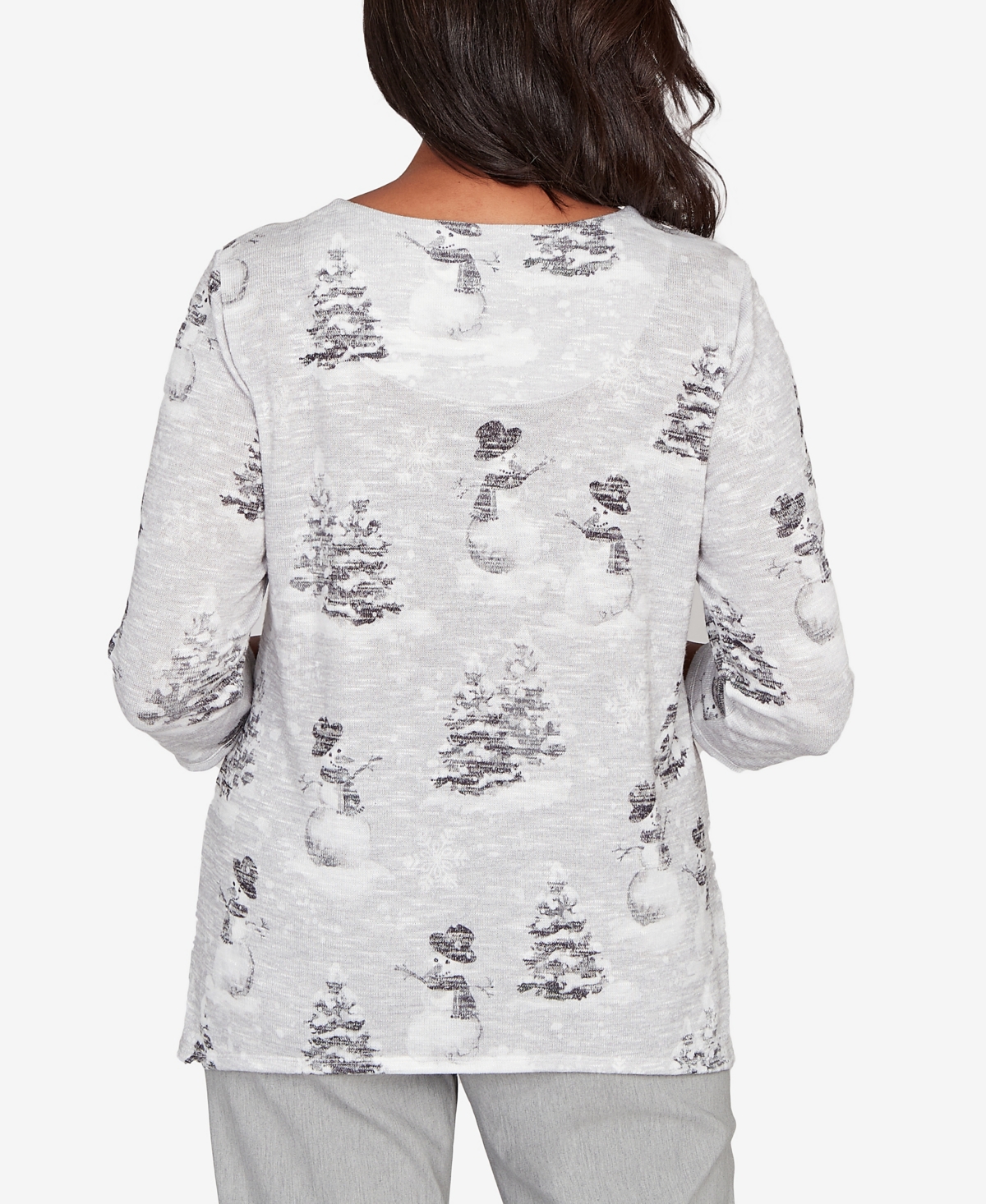 Alfred Dunner Stockbridge Playful Snowmen Scene Knit Top In Gray