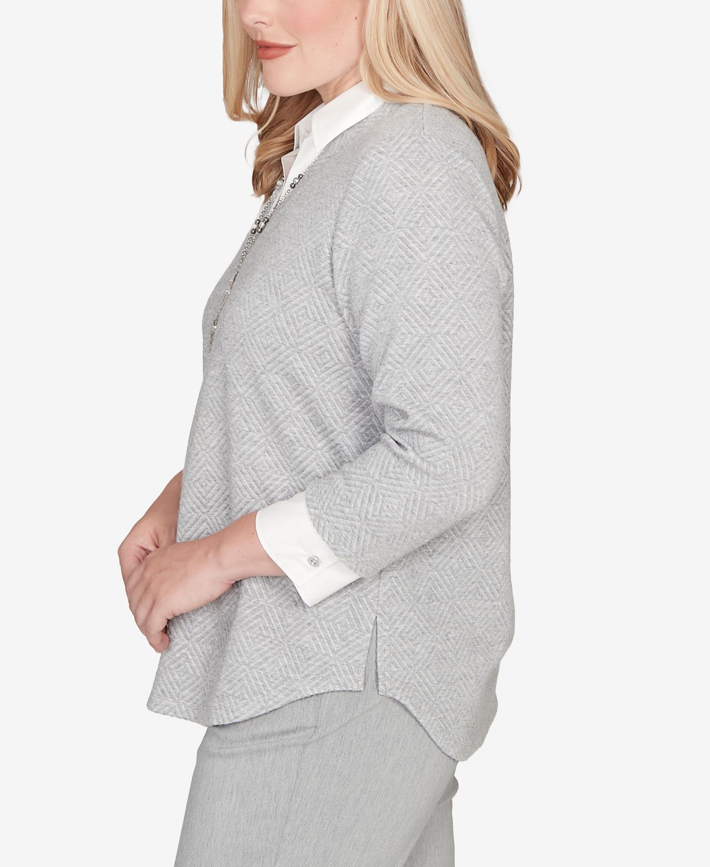 Женский топ Alfred Dunner Stockbridge Diamond Jacquard Two In One with Necklace, цвет: Оловянный — фото 3