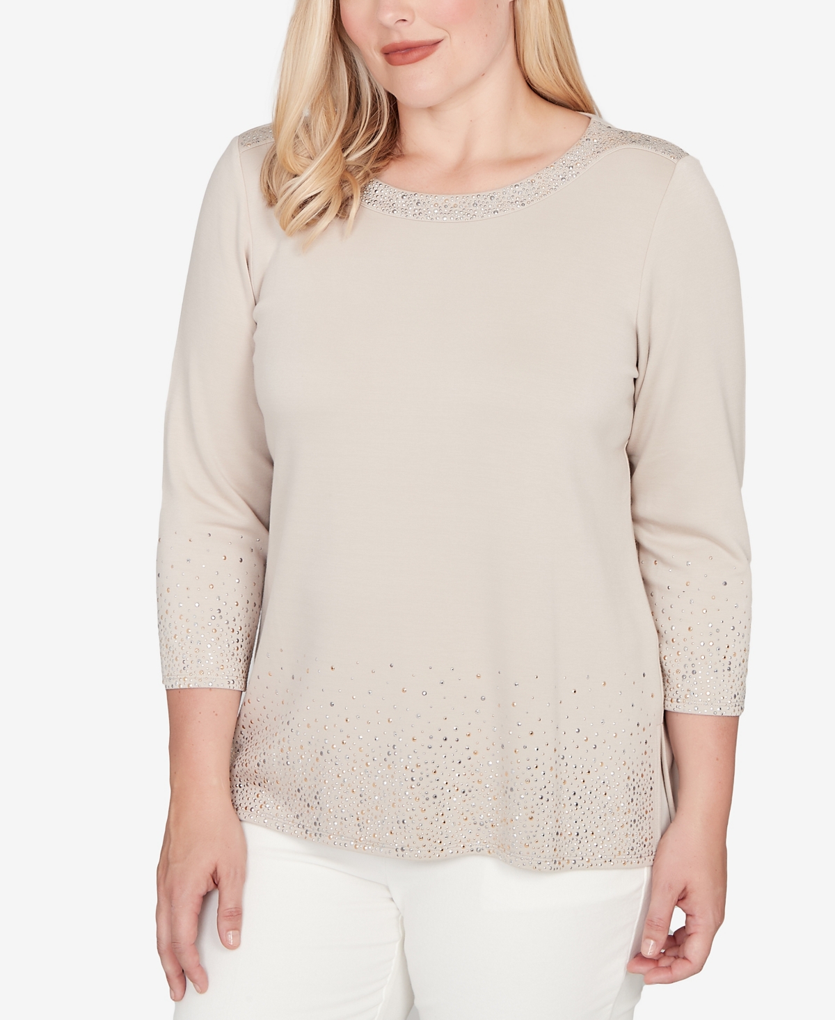 Alfred Dunner Vienna Heat Set Sparkle Ombre Border Knit Top In Neutral